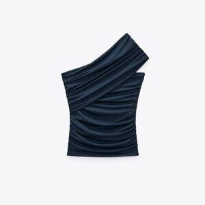ZARA - ASYMMETRIC RUCHED TOP - LARGE - DUCK BLUE